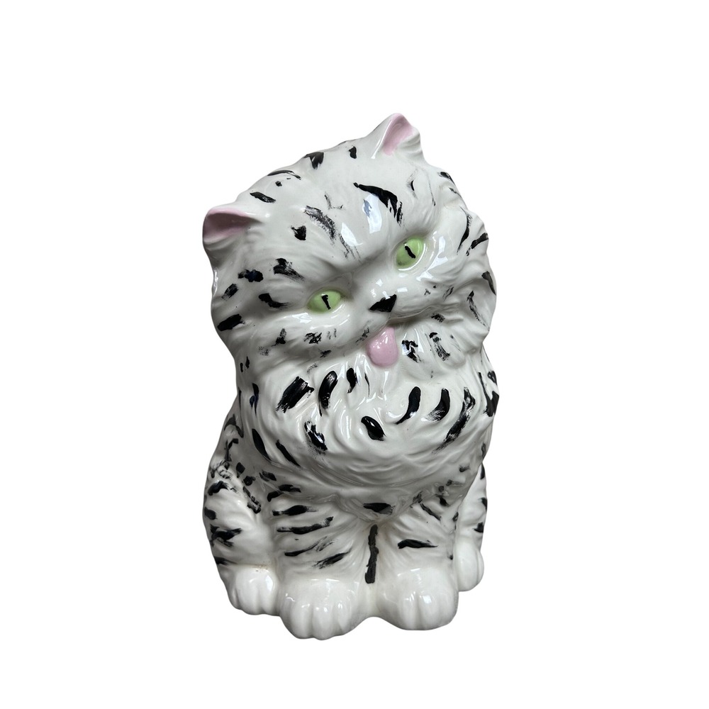 Vintage Ceramic Persian‎ White Cat Figurine Kitty Statue Green Eyes Decor 10.5"
